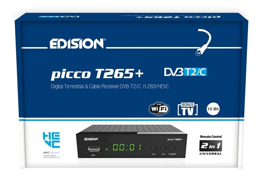 Decoder Edision PICCO T265, Full High Definition DVB-T2, H265 HEVC 10 Bit  Bonus TV Ricevitore Digita