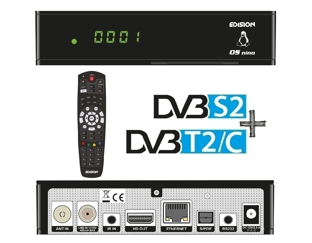 schwarz & KabelDirekt Edision OS NINO Full HD Linux E2 Combo-Receiver H.265/HEVC 4K HDMI-Kabel 2 m 4K@120Hz und 4K@60Hz, spektakuläres Ultra-HD-Erlebnis, kompatibel mit HDMI 2.0/1.4, Schwarz