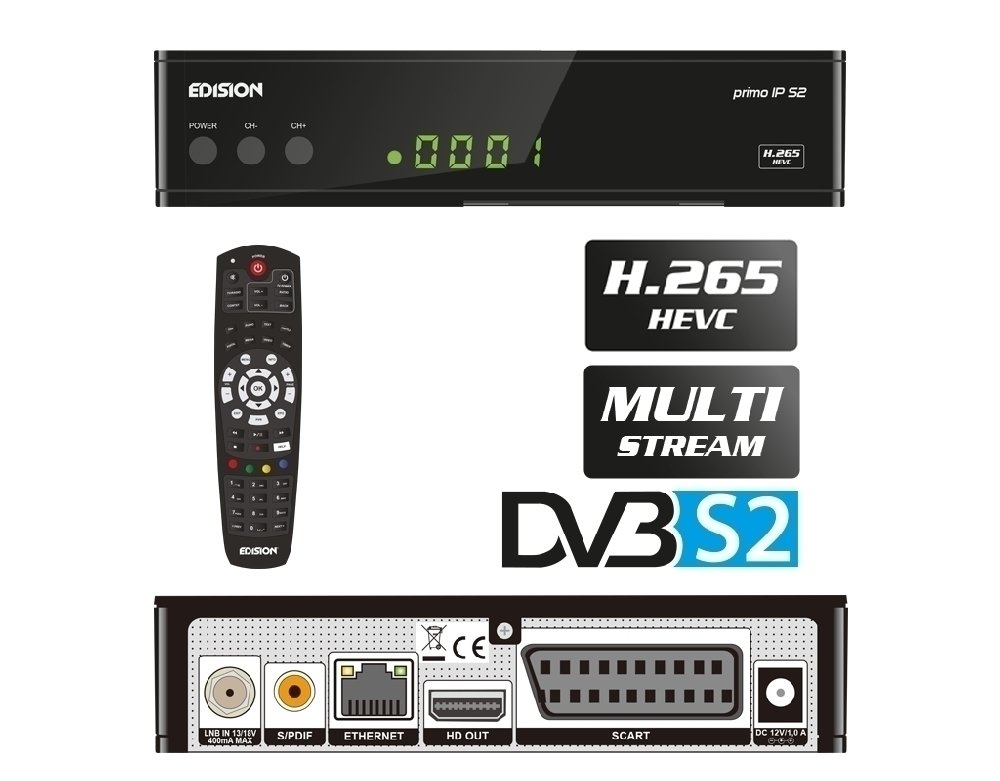 1x DVB-S2, 2x USB, HDMI EDITEUR PRIMO IP S2 H.265 HEVC Récepteur satellite Full HD multi-flux T2MI
